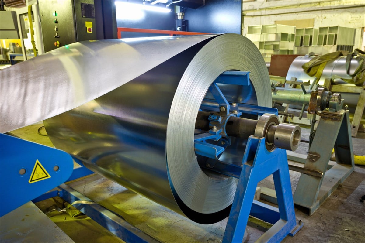 Roll of galvanized steel sheet for manufacturing metal pipes and - stock image