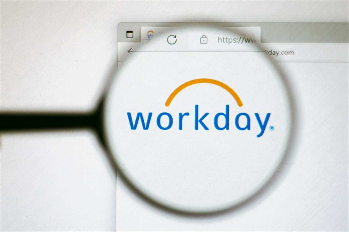 Workday, Inc. website seen on a computer screen through a magnifying glass