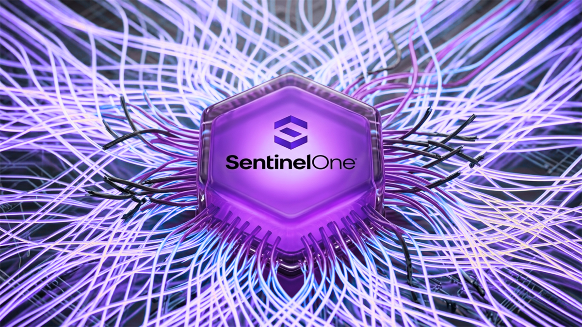 SentinelOne logo on purple core surrounded by tangled network cables.