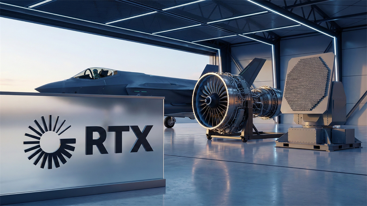 RTX-branded aerospace hangar with jet engine, fighter aircraft, and radar array symbolizing defense demand and backlog.