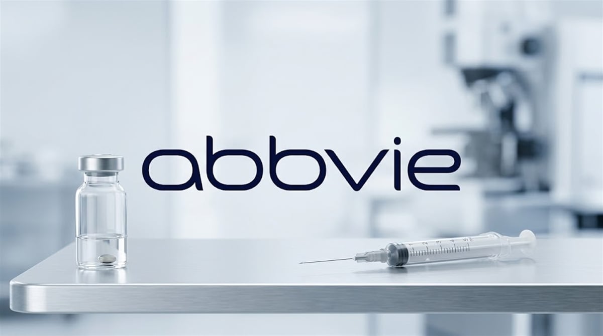 AbbVie logo displayed above a medical vial and syringe on a laboratory surface.
