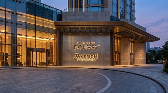 Exterior entrance of a Marriott International hotel displaying Marriott Bonvoy and Marriott International signage at dusk.