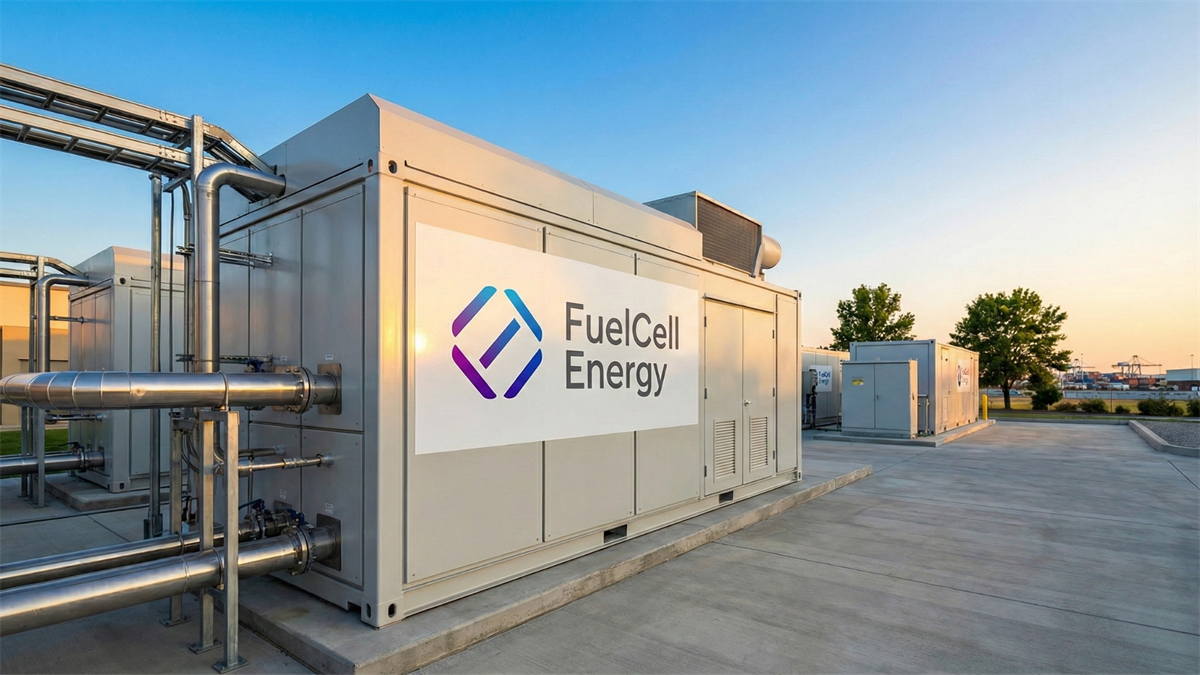 Clean, industrial FuelCell Energy power plant at sunset.