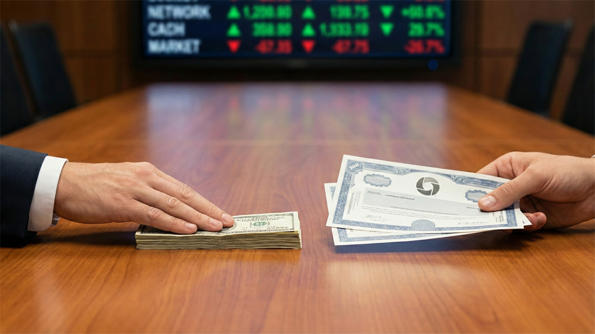 Cash is exchanged for stock certificates across a conference table, with a blurred stock ticker board in the background.