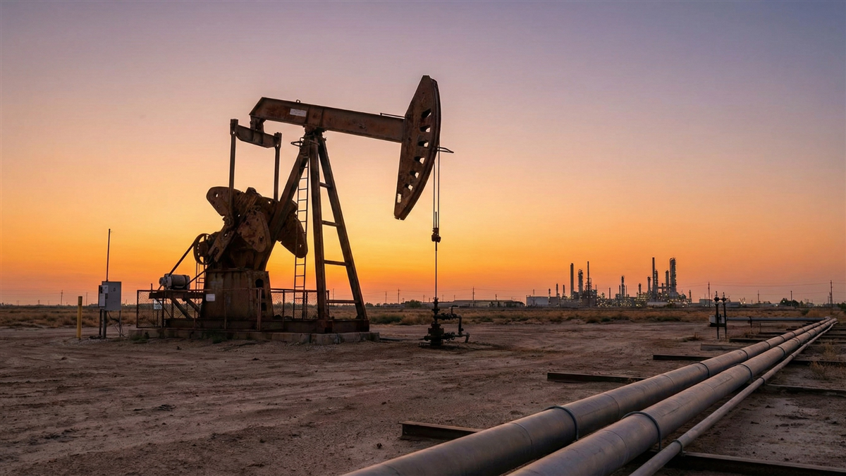 An oil pumpjack stands in a barren landscape at sunset, with long pipelines running across the ground and an illuminated refinery visible in the distance.
