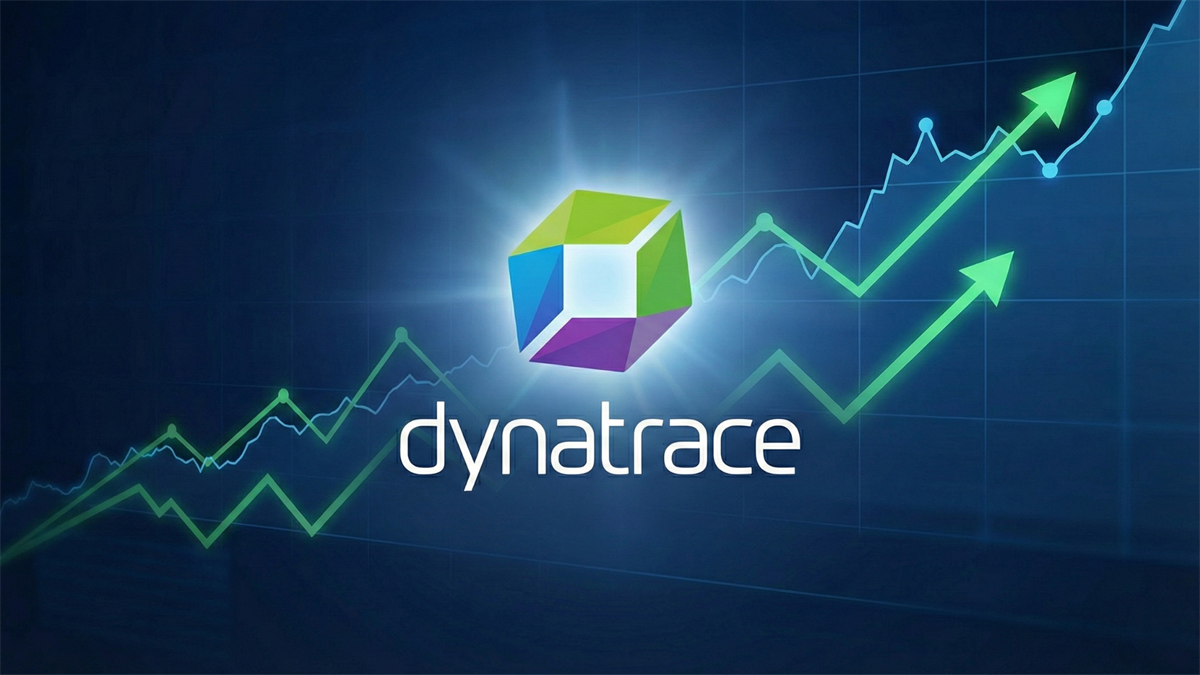 Dynatrace logo over a blue stock chart with green upward arrows, suggesting software shares rising after buybacks.