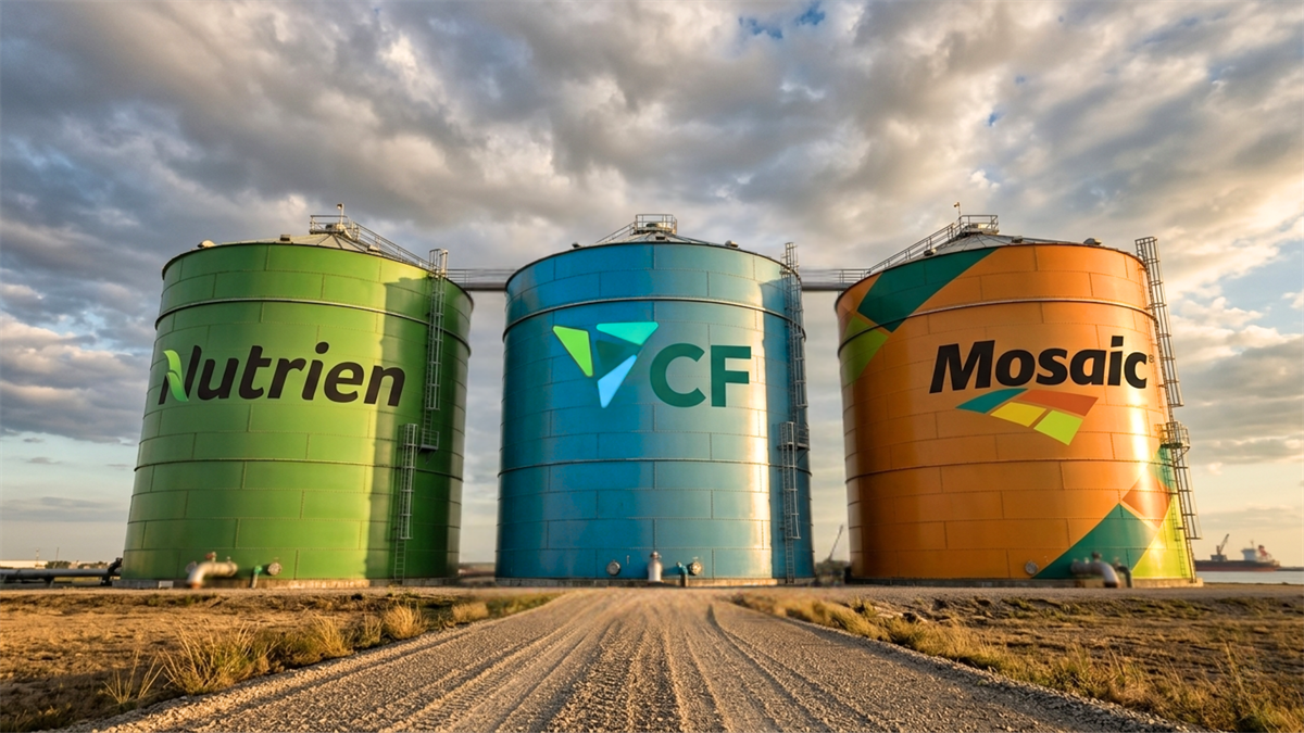 Storage tanks branded Nutrien, CF and Mosaic.
