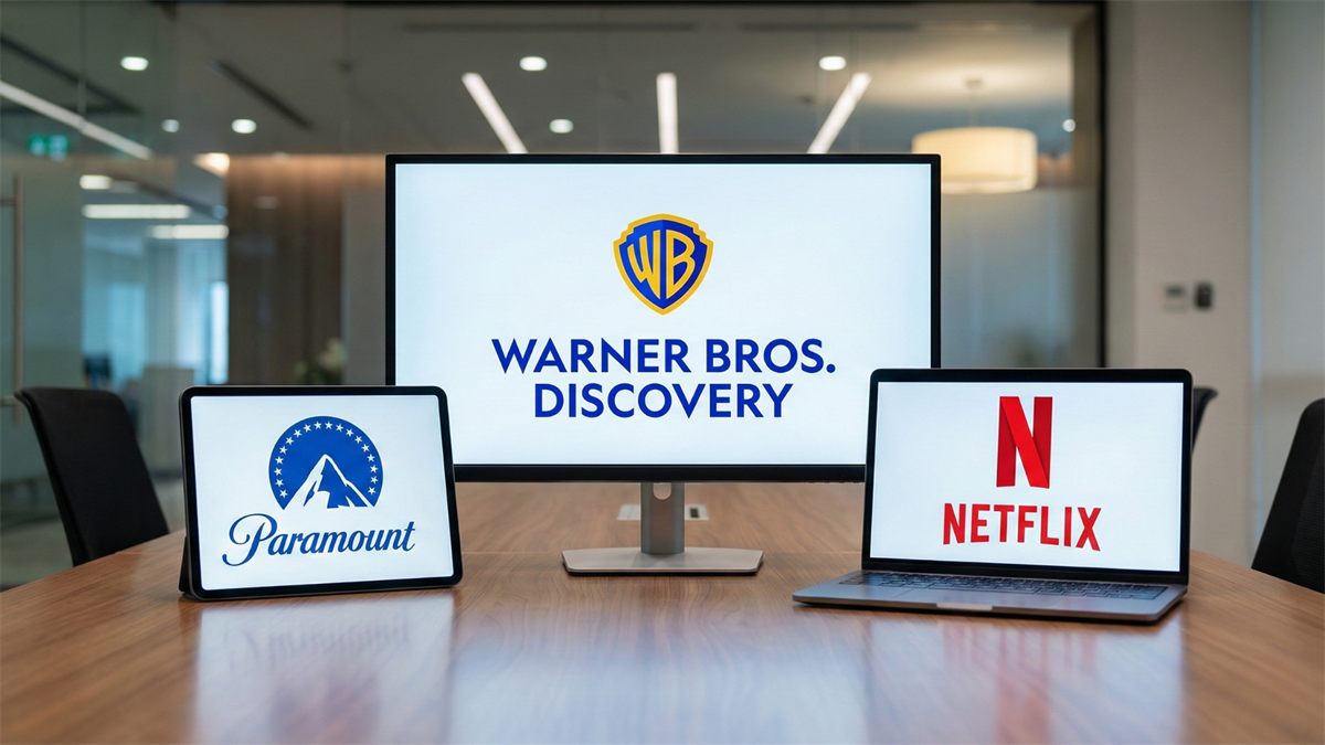 Warner Bros. Discover, Netflix, and Paramount logos arranged in a trifecta to symbolize the ongoing negotiation among the three companies.