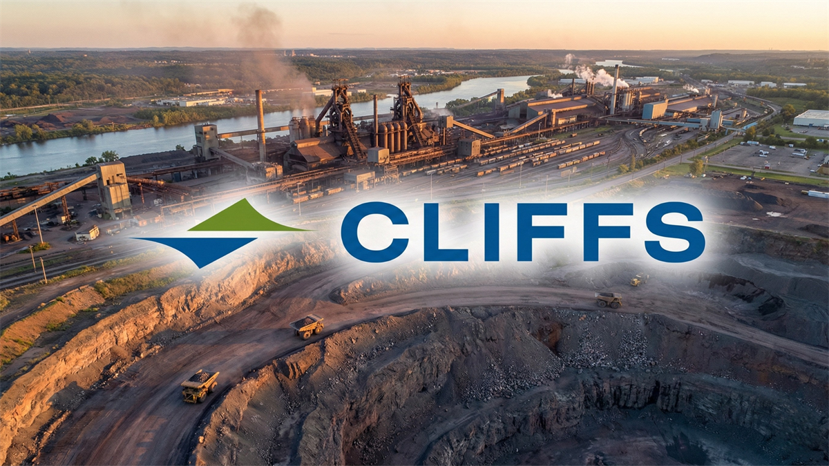 Aerial view of a Cleveland-Cliffs mining and steel facility with large “CLIFFS” branding over the industrial site near a river.