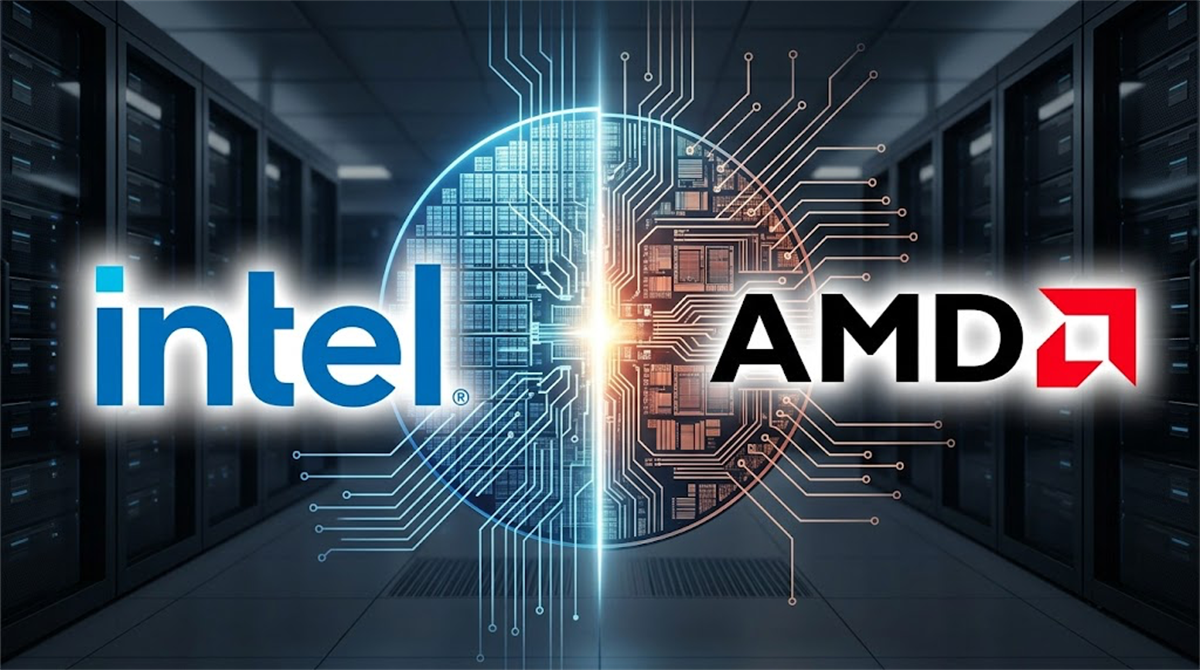 Intel and AMD logos displayed side by side against a stylized processor and data center background.