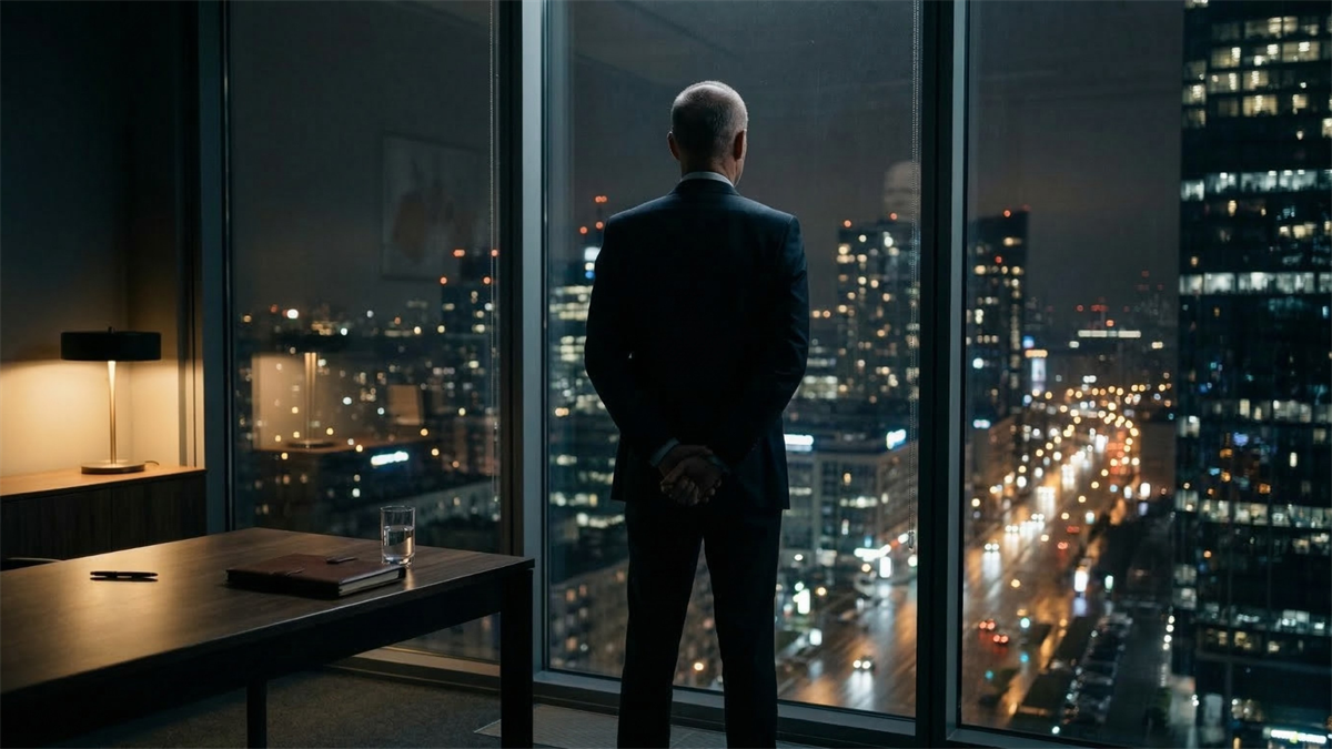 Executive in a high-rise office overlooking city lights, symbolizing CEO transition and corporate leadership change.
