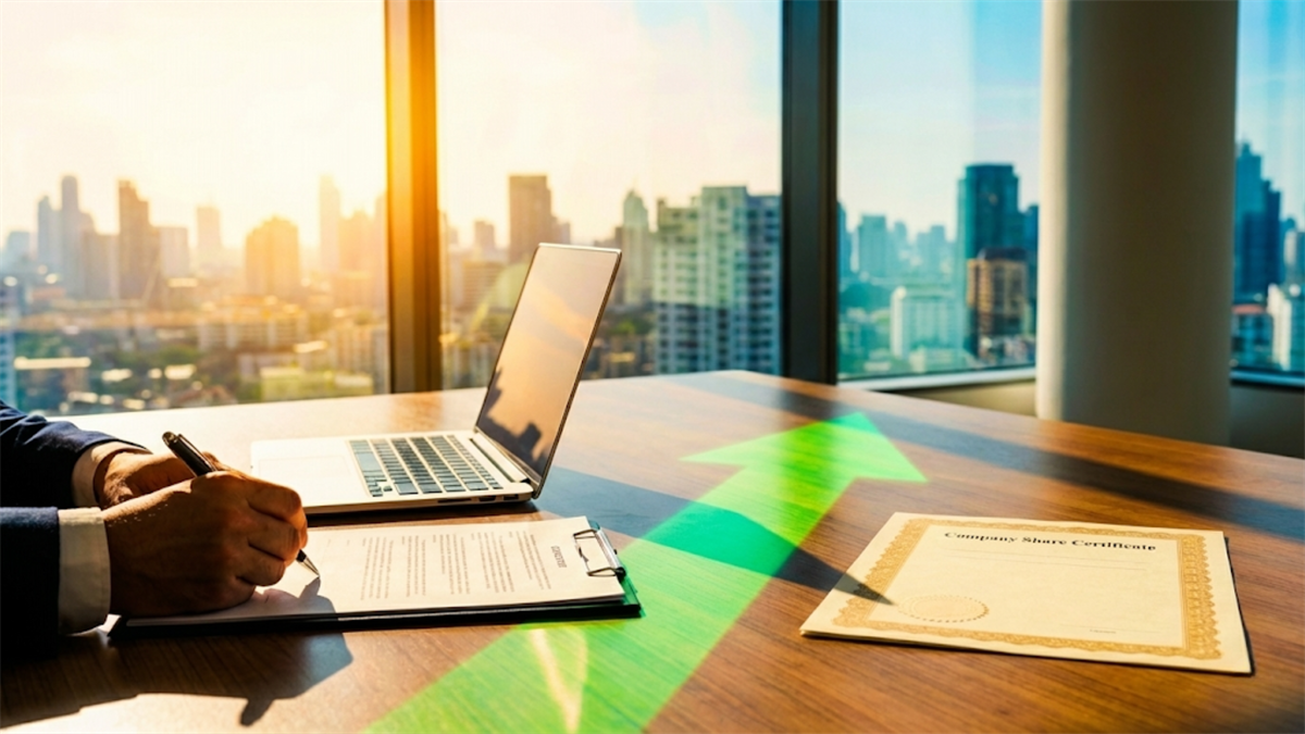 Executive signing documents beside stock certificate and upward arrow signals insider buying confidence.