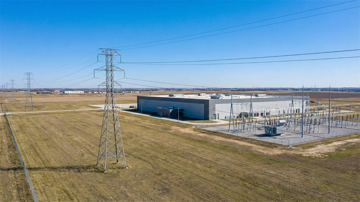 Large data center facility beside power substation and transmission lines on open land, highlighting AI infrastructure expansion.