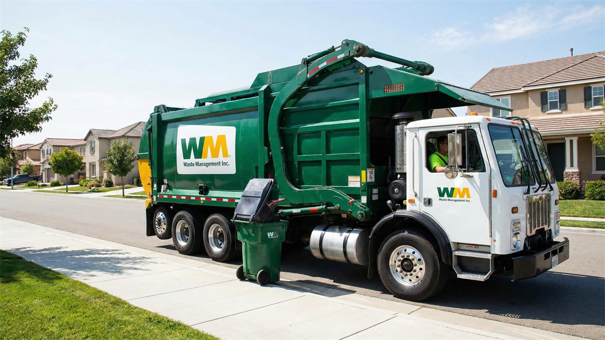 Waste Management truck parked in a residential neighborhood, signifying the company's dominant performance in its sector.