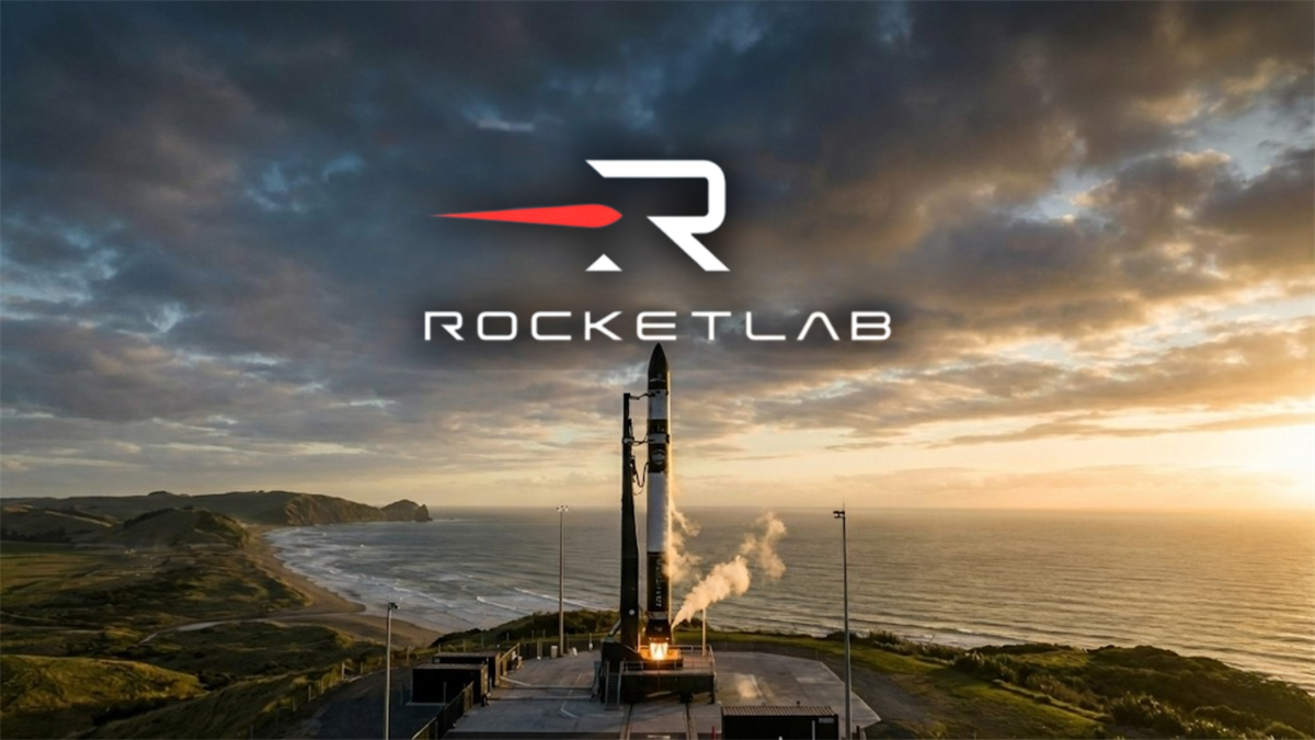 Rocket Lab rocket on a coastal launch pad at sunrise with the company logo above, representing Rocket Lab and the commercial space launch industry.