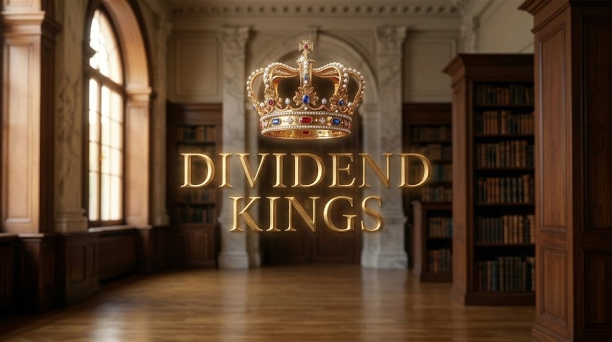 Illustrated graphic with a gold crown and the text "Dividend Kings" set against a classic library background.