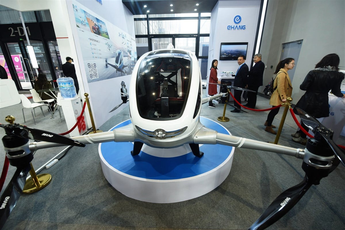 An EHang 184, the world's first fully electric autonomous aerial vehicle (AAV) capable of carrying one passenger up manufactured by Chinese drone manufacturer EHang