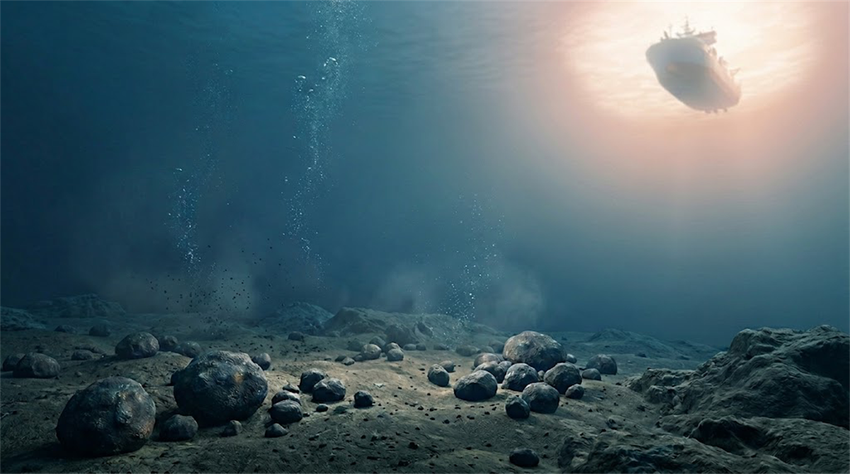 Illustrated underwater scene showing a rocky seafloor with bubbles rising toward a surface vessel.