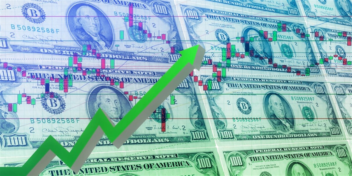 Stock and American currency chart. Red and green candlestick chart, rising green arrow, market volatility.