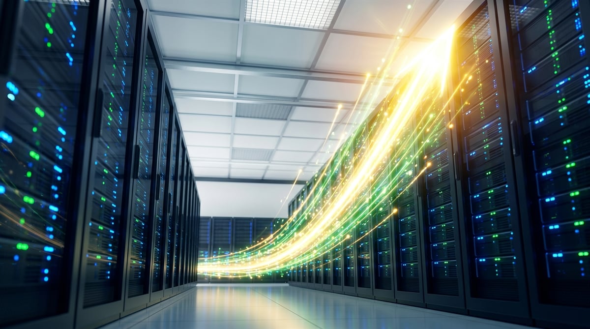 A data center corridor lined with server racks, overlaid with glowing fiber optic light streams.