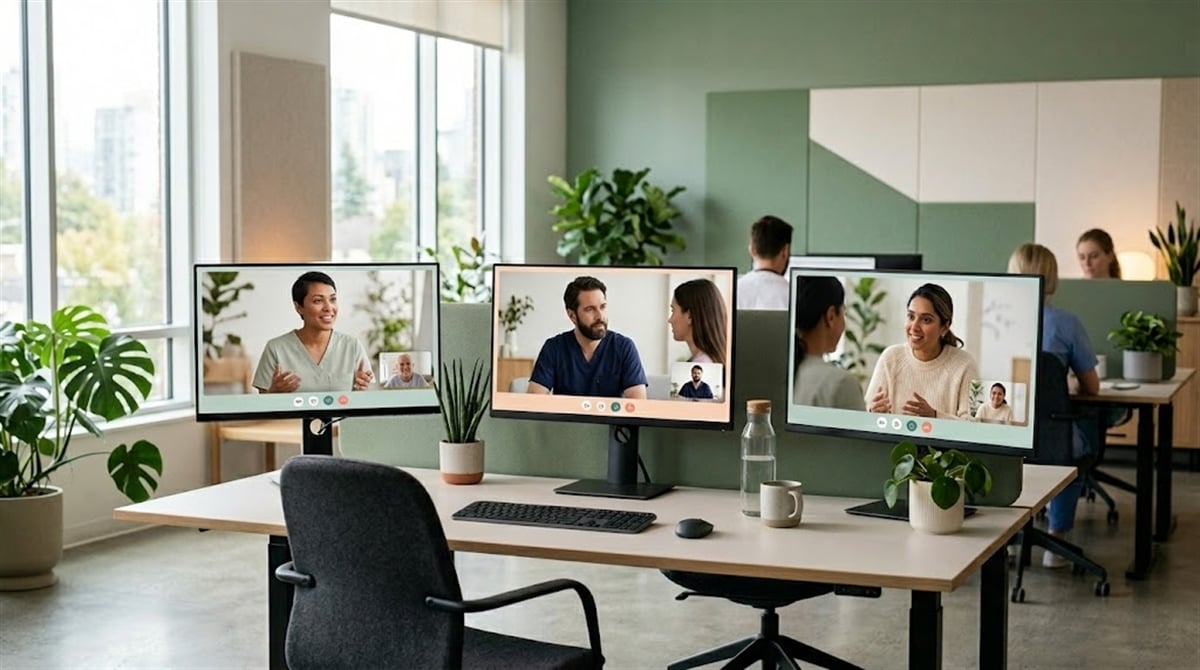 Three desktop monitors on an office desk display telehealth video consultations between medical professionals and patients.