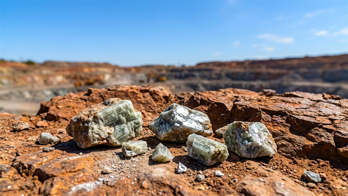 Lithium ore samples on rock at open-pit mine.
