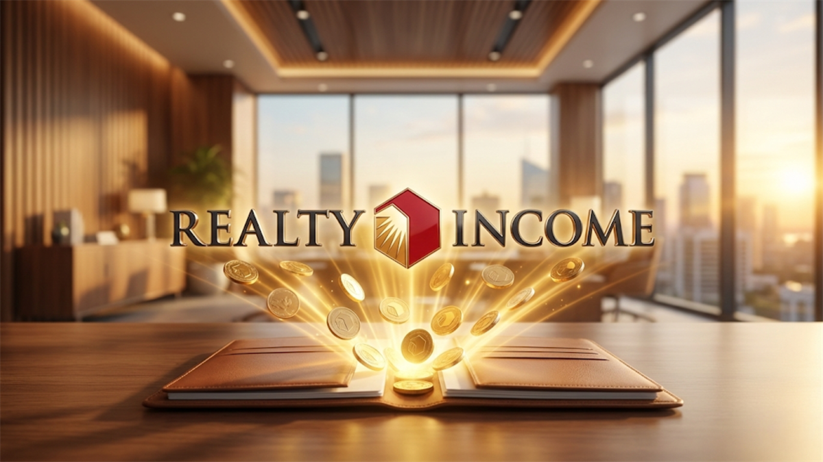 Realty Income logo over coins spilling from an open wallet, highlighting O dividend income and REIT cash flow.
