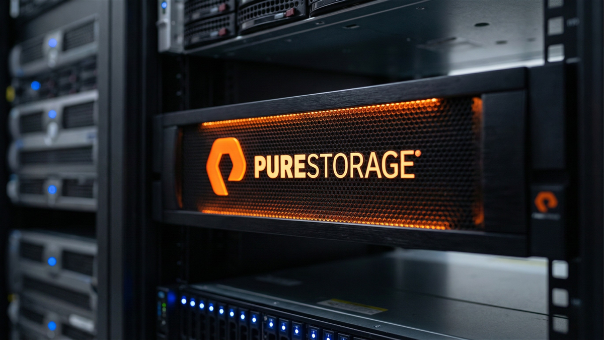 Pure Storage server glowing in an orange-lit rack underscores rising demand for high-performance data-storage infrastructure.