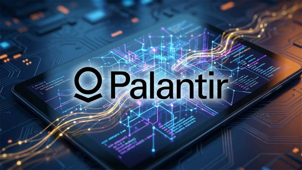 Palantir logo overlays a data-rich digital interface, reflecting AI-driven analytics growth.