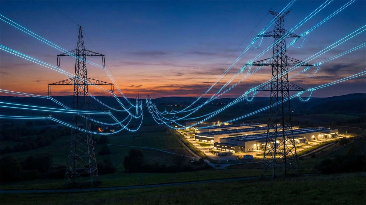 Power lines supply a data center at sunset, with dramatic lighting highlighting the importance of electricity to power the AI revolution.