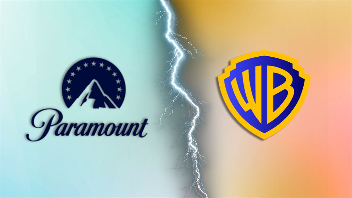 Paramount and Warner Bros. logos split by a lightning bolt, symbolizing a high-stakes media bidding war.