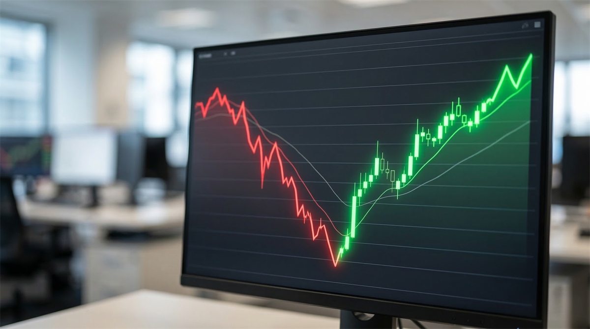 A desktop monitor in an office displays a candlestick stock price chart showing a sharp decline followed by a recovery.