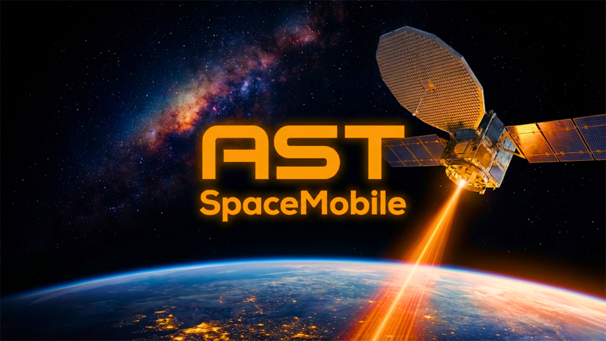AST SpaceMobile branded promotional image showing a satellite orbiting Earth against a starry background.
