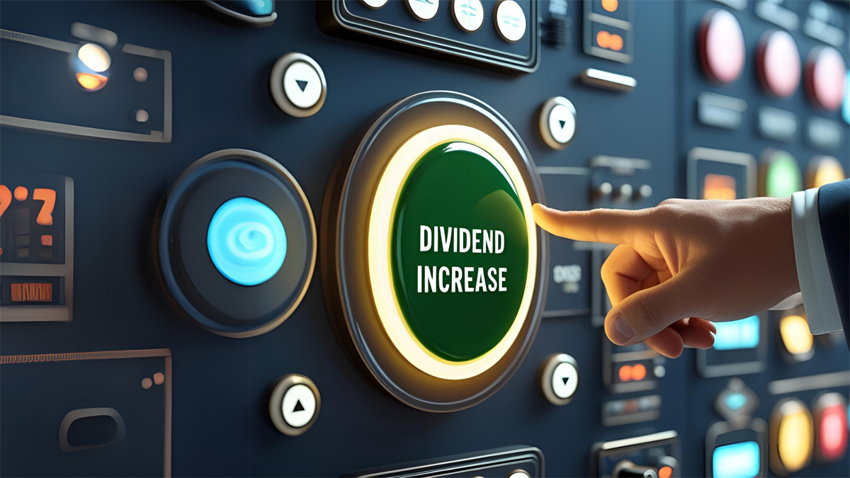 Finger presses “Dividend Increase” button, symbolizing Broadcom, Abbott and Nordic American dividend hikes amid volatile markets.