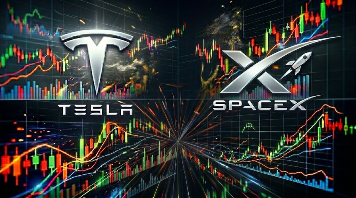 Tesla and SpaceX logos displayed alongside candlestick stock charts on a dark financial background.