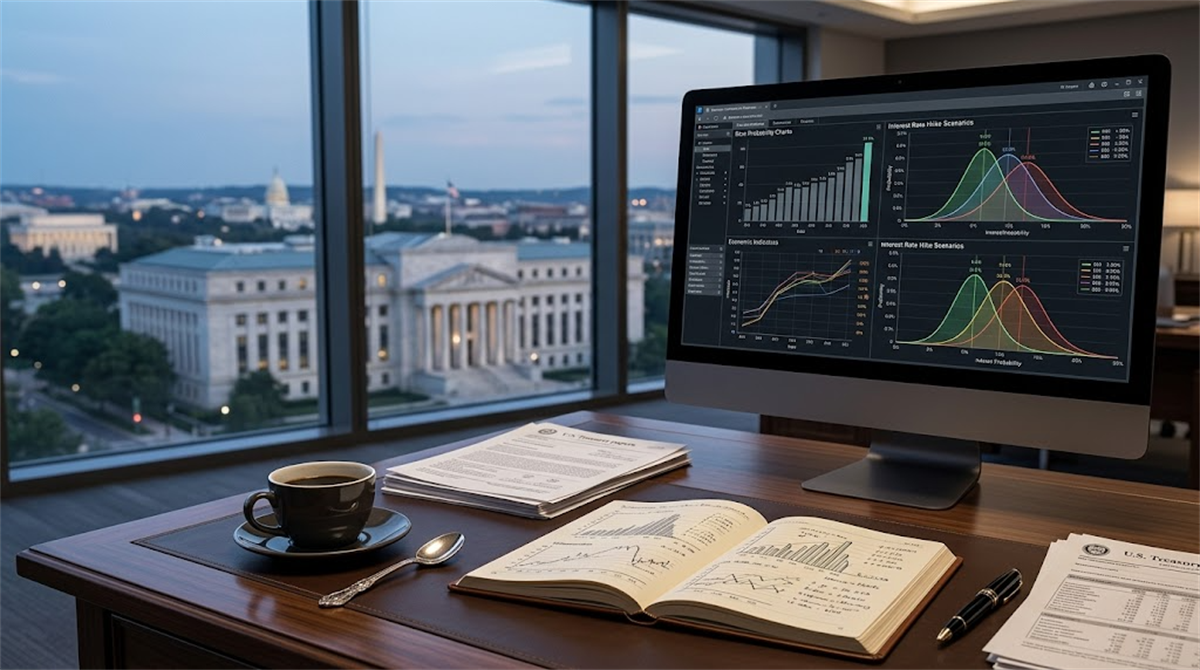 A desk with interest rate probability charts on a monitor, financial documents, and a Washington D.C. skyline view.