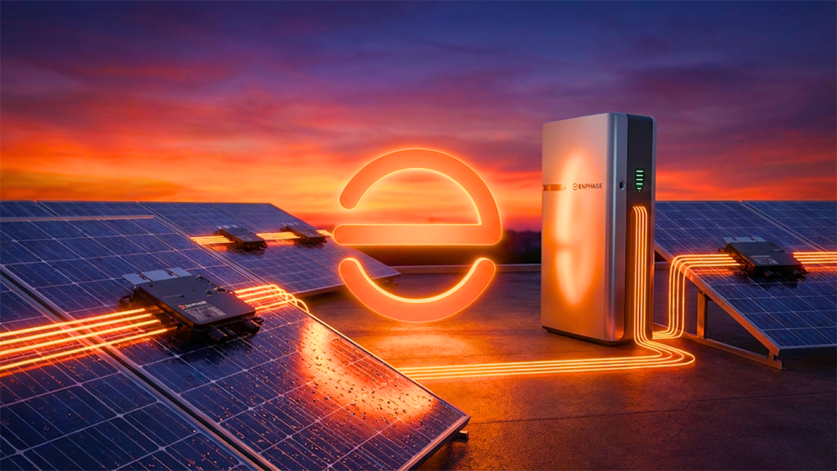 Enphase logo over rooftop solar panels and home battery at sunset, highlighting clean energy demand and ENPH stock.