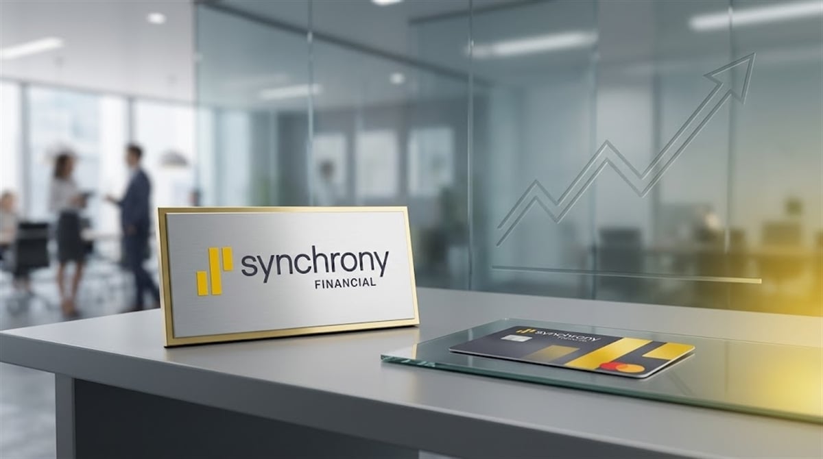 Synchrony Financial logo on a desk placard beside a branded credit card in an office setting.