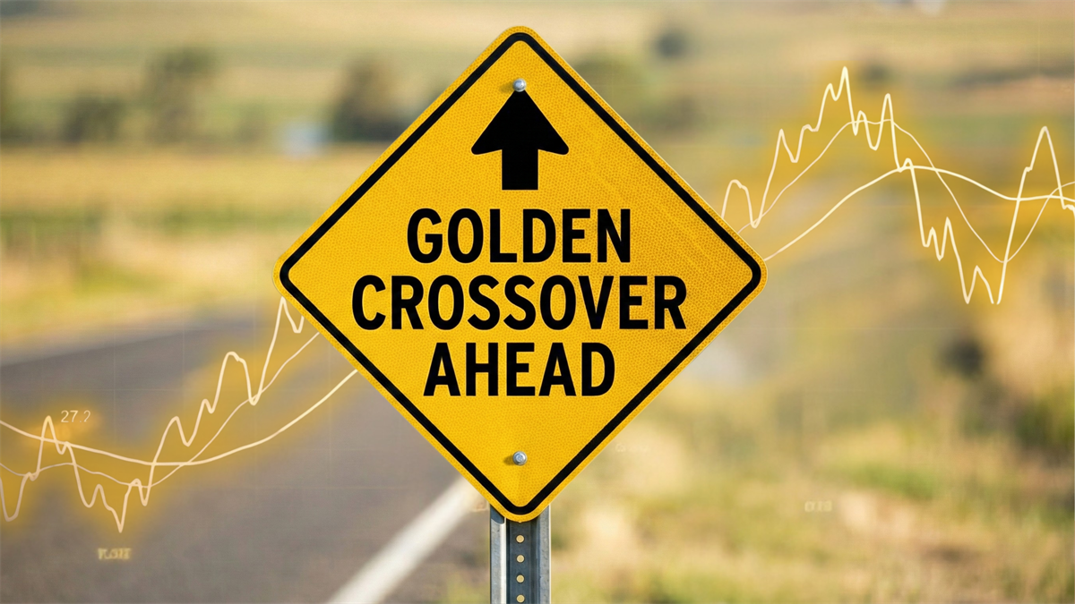A warning sign reads “Golden Crossover Ahead,” symbolizing an upcoming bullish 50/200-day moving-average crossover.