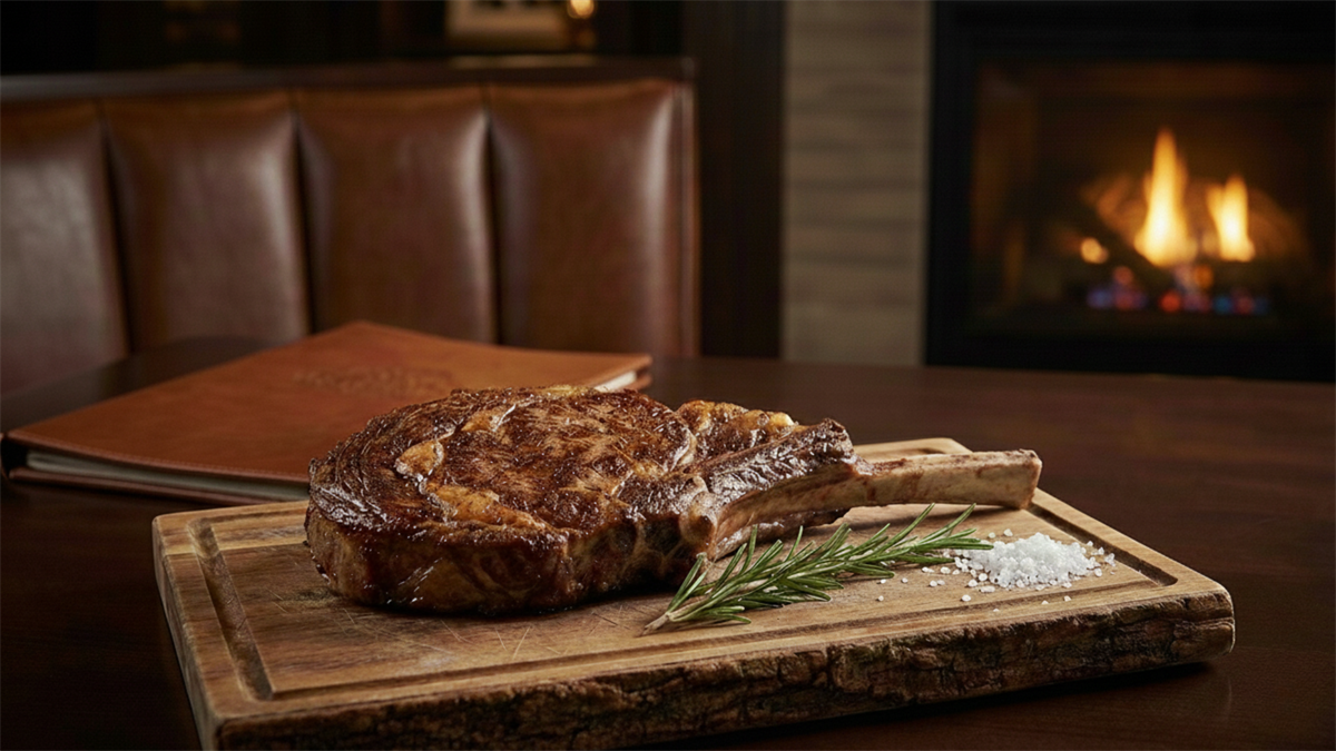 A gourmet steak is plated in front of a roaring fire, symbolizing a fine-dining steakhouse experience.