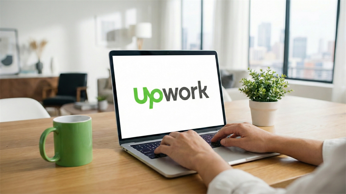 Upwork logo displayed on a laptop computer in a clean office space.
