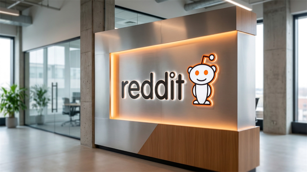 Reddit logo displayed in a modern office amid market focus on the company’s stock decline and potential buying opportunity.