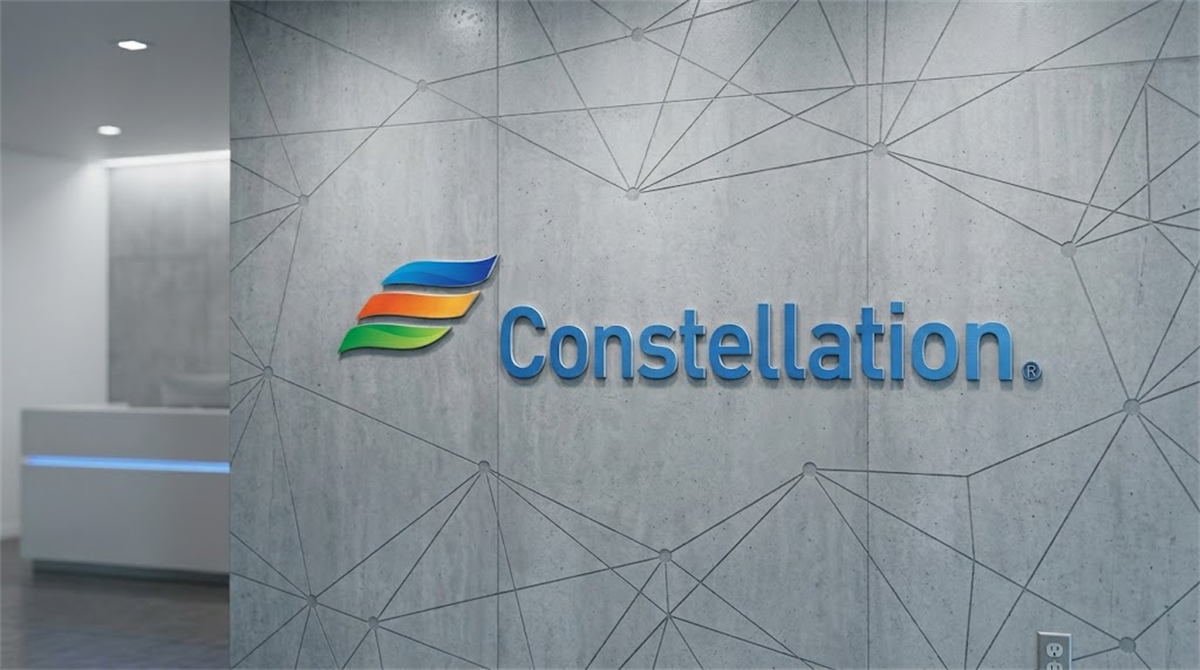 Constellation Energy logo mounted on a concrete wall in a corporate office lobby.