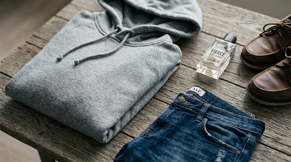Abercrombie and Fitch jeans, a gray hoodie, Fierce Cologne, and brown leather shoes arranged on a wooden surface.