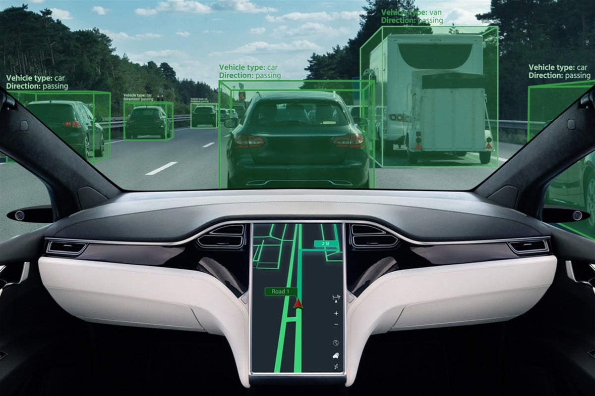 Autonomous vehicle vision with system recognition of cars — Photo