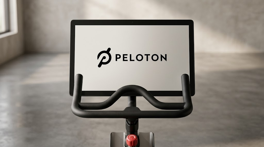 A Peloton stationary exercise bike with the company logo displayed on its touchscreen.