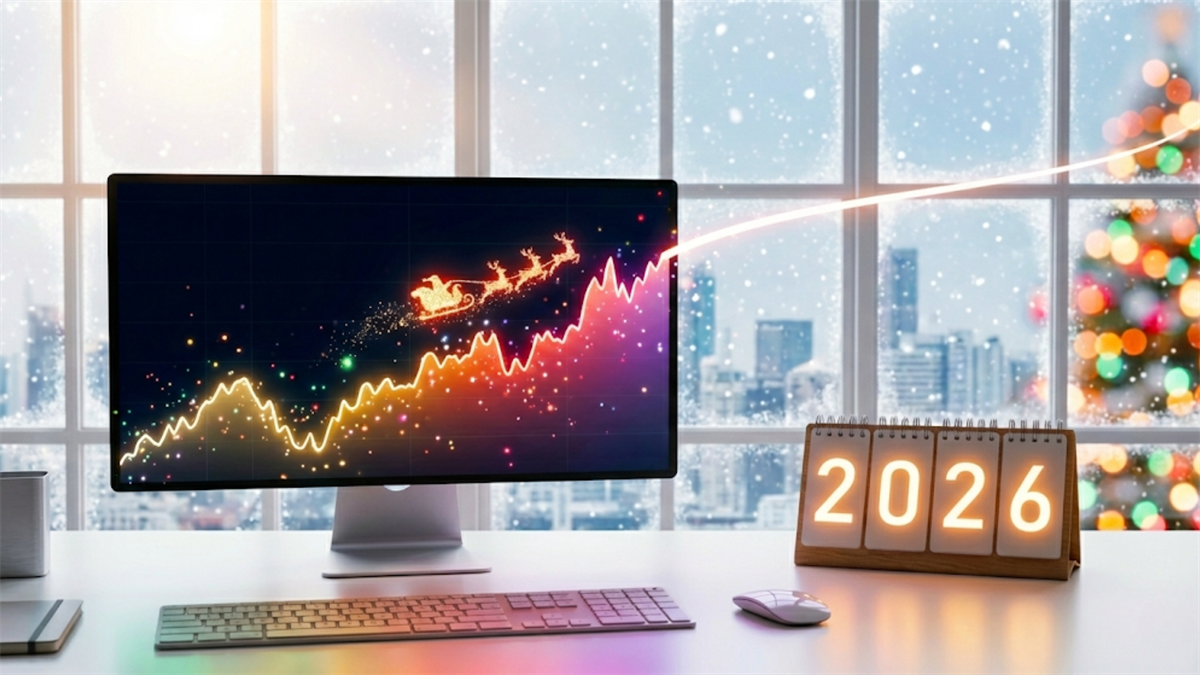 Rising market chart with Santa rally motif on a desk beside a 2026 calendar, signaling optimism for stock markets.
