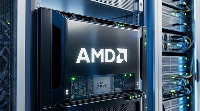 An AMD EPYC server processor mounted in a data center rack displaying the AMD logo.