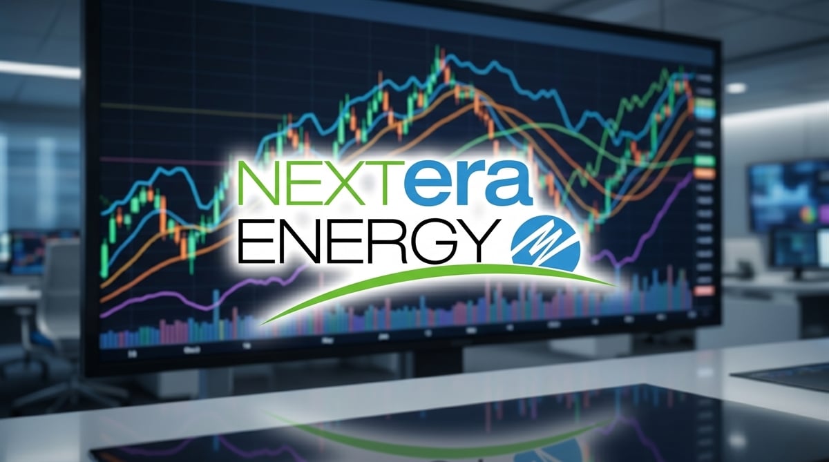 NextEra Energy logo displayed in front of a stock price chart on a large monitor in a trading office.
