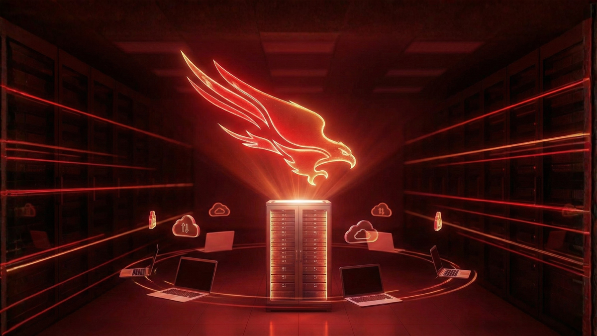 Glowing red server room with a falcon emblem highlights rising demand for cloud-security solutions.